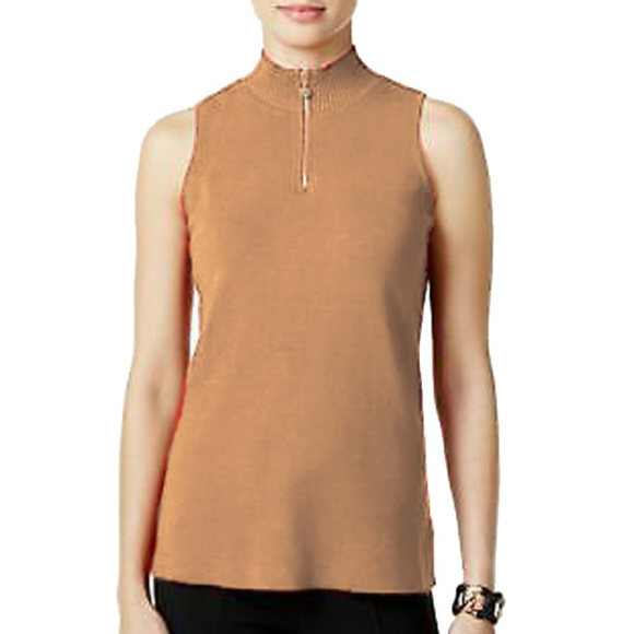 Alfani Sweaters - Alfani Prima Mock Neck Zip-Front Sleeveless Sweater L Camel Tan NWT